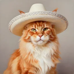 beautiful oil painting of an orange maine - coon with a white beard. wearing a white sombrero