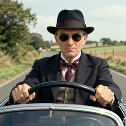 a beautiful realistic portrait of Jeeves and Bertie Wooster driving on a country road by Brian Bolland, trending on ArtStation
