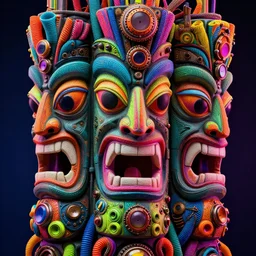 steampunk, distorted tiki faces, multicolored tubes, shiny buttons, vray, octane, highly detailed, 8 k, fluorescent colors, insanely integrate, baroque