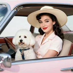 a pin up driving with her white dog and big hat, award winning, 1 9 5 0 s