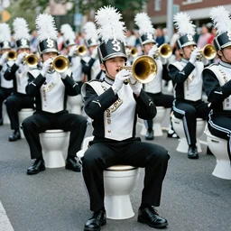 marching-band-sitting-on-toilets, parade, daytime, outdoors, photorealistic, real life, 4K, high detail, film-camera