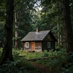 a cottage in the woods and empty woods, 80mm lens, 8k, fantasy, hyper realistic, dramatic lighting, cinematic