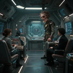 movie still frame, a cyberpunk spaceship interior, beautiful composition style of guillermo del toro