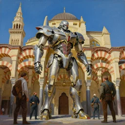 a giant mosque - cathedral of cordoba mecha, tim hildebrandt, wayne barlowe, bruce pennington, donato giancola, trending on artstation, cinematic composition, beautiful lighting, hyper detailed, 8 k, oil on canvas