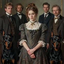 stylized portrait by aykutmakut of an artistic pose, composition, young victorian sad fancy lady, surrounded by dobermans, cinematic moody colors, realistic shaded, fine details, realistic shaded lighting poster by ilya kuvshinov, magali villeneuve, artgerm, jeremy lipkin and michael garmash and rob rey