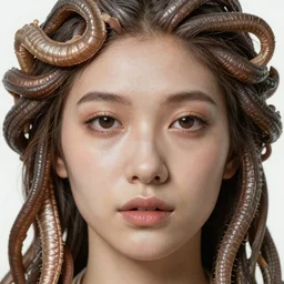 medusa by kehinde wiley and rembrandt. photorealistic facial features, portrait, detailed face, ultra high details, large, close - up.