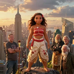 brushify, golden hour, epic proportion, beautifull hyper realistic moana in new york, gorgeous lighting by kim jung giu, mucha, bautista and norman rockwell and greg rutkowski and tom bagshaw and james gurney and lucasfilm,