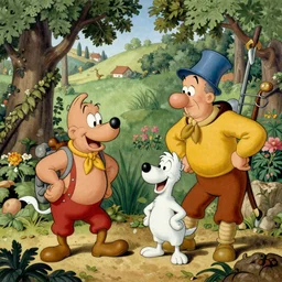 Asterix and Obelix in the Garden of Earthly Delights. highly detailed, Tintin, Snowy, Professor Calculus