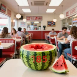1 9 8 5 watermelon themed classic american diner, people sitting at tables, fruitcore, watermeloncore, one point perspective, americana, restaurant interior photography, 5 5 mm