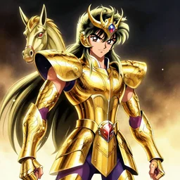 portrait of Pegasus Seiya wearing intrincate golden armor by Masami Kurumada