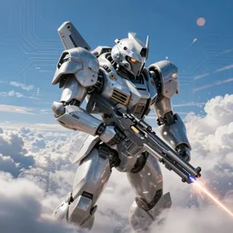 armored core 4, rifle, laser blade, blue sky, cloud, day light, bokeh, circuitry, explosion, dramatic, intricate, artstation, concept art, smooth, sharp focus, illustration, by john carpenter octane render