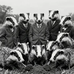 a group of badgers with badger faces, in 1 9 4 0 s suits, standing upright like people, anthropomorphic, style of beatrix potter, digging at sutton hoo, their faces are badger's faces, rendered as a highly detailed black & white photograph