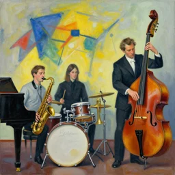 jazz quintet, painting, kandinsky, saxophone, drums, piano, trumpet, double bass