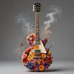 high intricate detailed photo of a gibson electric guitar covered in colorful flowers and smoke, golden ratio, rule of thirds, flowerpunk, majestic, elegant, by lea leonowicz, by maks trofimov, by jenny brozek, by johannes wessmark