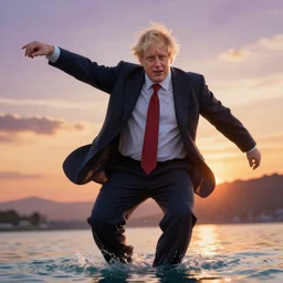 Boris Johnson wearing suit and necktie dancing on water, detailed facial features, evokes feelings of joy, beautiful flowing fabric, sunset, dramatic angle, realistic and detailed, by studio trigger, pixiv dslr photo by Makoto Shinkai rossdraws and Wojtek Fus