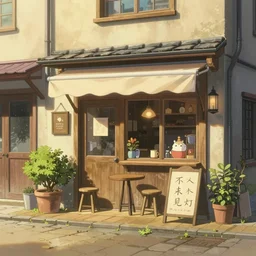 beautiful cute cozy very little cafe on a cobblestone street, golden morning light, simple fantasy anime style of hayao miyazaki, digital art trending on artstation
