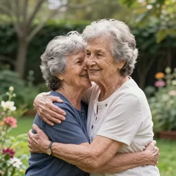 A photo of 95-year-old lady hugging her 75-year-old daughter in a garden, concept art, trending on art station, 4k, 8k, high detailed, photorealistic