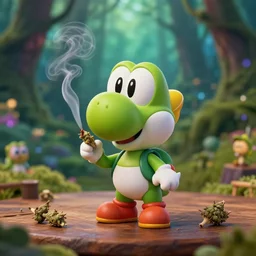 5 5 mm photo of yoshi, yoshi smoking weed on a wooden table in a magical forest. dof. bokeh. magical atmosphere. art by greg rutkowski. highly detailed 8 k. intricate. lifelike. soft light. nikon d 8 5 0.