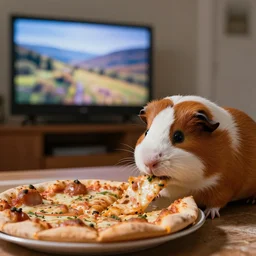 A guinea pig eating pizza while watching tv