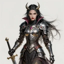 female human vampire witch in fantasy armor holding a sword, in the style of greg rutkowski, makoto shinkai, trending on artstation, character design, concept art, detailed face, forward facing, highly detailed, digital art
