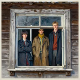 3 d, two fashion models in old wood house window, morning, winter, poster art, intricate oil painting, high detail, figurative art, multiple exposure, poster art, 3 d, by stanley kubrick and tooth wu and wlop and beeple and greg rutkowski