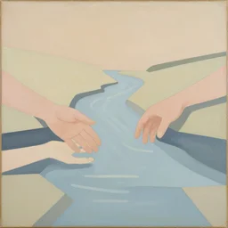 A painting of two hands reaching out of a river, abstract painting in the style of Sophie Taeuber-Arp and Gary Hume and Tatsuro Kiuchi, flat colour-block style, geometric abstraction, earthy light pastel colours