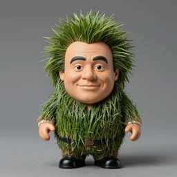 studio portrait still of!!!! grasshead toy!!!! shaped as danny devito!!! with grass hair, highly detailed, accurate, symmetrical, studio lighting, key light