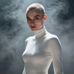 film still of elizabeth debicki as asajj ventress, bald head, pale skin, focus on face, wearing tight white turtleneck glamour pose, dramatic lighting, unreal engine, mist, steve mccurry, cinematic composition, volumetric lighting