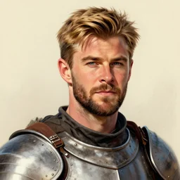 a portrait of a medieval knight with a short beard and short blonde hair drawn in the style of greg rutkowski, face of chris hemsworth, trending on artstation, realistic, detailed