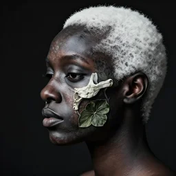 a beautiful black womans face, made in profile of flower and leaf skeleton, white hair, in the style of dutch masters and gregory crewdson, dan mumford and justin gerard dark and moody, skin pattern in the style of e. g. seguy