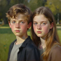 contemporary oil matte portrait painting, boy and girl in a park, detailed faces, wonderful masterpiece highly detailed, beautiful cinematic light deep focus, elegant, smooth, sharp focus, golden ratio, dramatic illumination, ultra realistic, 8 k, art by nathan walsh and jimmy law