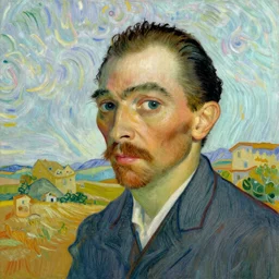 Salvador Dalí portrait painted in Vincent van Gogh style in a surreal landscape