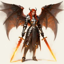 “winged, red haired woman, gargoyle, flaming sword, full plate armor, fantasy drawing, concept art”
