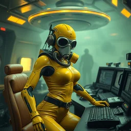 big budget scifi movie set in postapocalyptic world with alien brainsuckers sexy female cyborg in yellow rubber and gas mask in control room of ufo