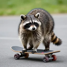 HD photograph of a raccoon riding an electric skateboard