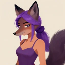 a woman with black fox ears and a fox nose, she has purple hair tied up in to a ponytail, she has light orange skin, and is wearing a dress. painted artwork, furry art, fur - affinity, deviant art