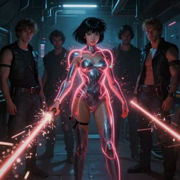 awe - inspiring award - winning concept art painting of attractive asa akira in neon shrouds as the goddess of lasers, sparks, by michael whelan, william adolphe bouguereau, john williams waterhouse, and donato giancola, cyberpunk, extremely moody lighting, glowing light and shadow, atmospheric, shadowy, cinematic, 8 k,