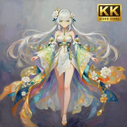 wide angle full body portrait shot of an anime girl, beautiful modern elegantly dressed anime girl wearing ornaments of flowers, flowing colourful elegant clothes, highly detailed face, detailed green heterchromia eyes, alphonse white datura, popular on artstation!!, fkey. 8 k oil painting