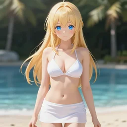 picture : a very beautiful young blond anime girl, sky blue eyes, bikini, white miniskirt, highly detailed, cinematic wallpaper by stanley artgerm lau