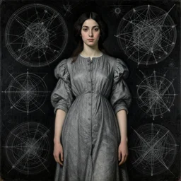 Symmetric pre-raphaelite painting of a beautiful dark woman with dark hair in a very detailed grey dressby JW Waterhouse, surrounded by an extremely detailed dark black highly detailed mathematical drawings of neural networks and geometry, extremely detailed mathematical drawings of geometry and networks by Giger