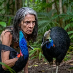 astonished and angry middle aged lady fighting a cassowary in the jungle, greek ethnicity, thin face structure, uncombed straight grey black hair, angry eyes, photo, realistic, outdoor lighting, 4 k, 8 k, hd, 3 9 mm lens