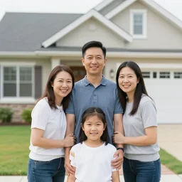 happy family near new house, a man with 2 wife, instagram family photo shoot, perfect faces