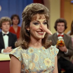 1983 happy woman on a talk show show with a long prosthetic snout nose, big nostrils, wearing a dress, 1983 French film color archival footage color film 16mm Fellini Almodovar John Waters Russ Meyer Muppet Show