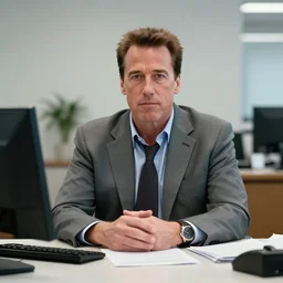 arnold schwarzenegger as conan the barbarian sitting at a desk, as an office worker, in an office, inside an office building, sitting at a desk, angrily shouting and pointing at a laptop, laptop computer, crisp lighting, corporate photography