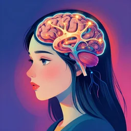 surreal illustration portrait of one girl with neurons firing inside her brain, blunt borders, rule of thirds, vibrant colors, emotional