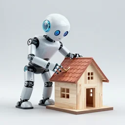An antropomorphic robot builds a house