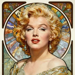 realistic detailed portrait of Marilyn Monroe, painted by Mucha , lithograph, Art Nouveau, decorative borders, stained glass style