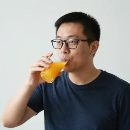 asian man with glasses drinking orange juice
