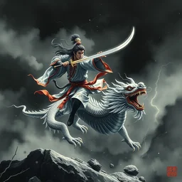 ancient ink painting of a chinese warrior in clothes with a broadsword, hejump and hit the chinese dragon down hard, dark cloud and lightning on the grounddramatic lighting, cg, whole body, extremely detailed, octane render, 8 k, sophisticated