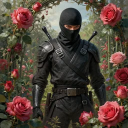 ninja on a garden of roses, concept art, trending on artstation, wlop, ross draws, digital painting, mixed media, intricate details, volumetric lighting